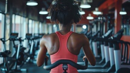 Rear view of a woman exercising on a stationary bike in a modern gym. Health and fitness concept