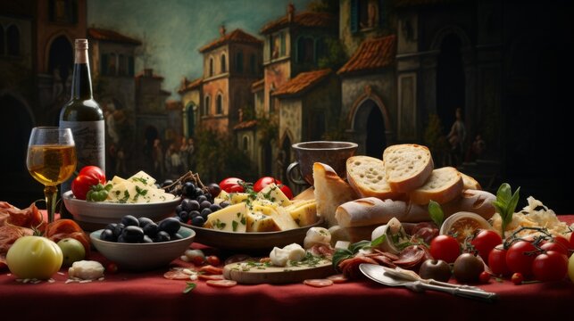 This image encompasses an extravagant Italian dining setup with a lavish selection of food and wine, offering a glimpse into a classic, luxurious dining affair
