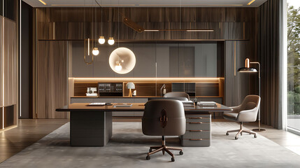 Modern executive office design featuring a dual-purpose desk with integrated filing drawers, executive chairs, and pendant lighting - obrazy, fototapety, plakaty