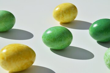 Green and yellow Easter eggs on a white background. Happy Easter!