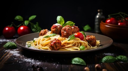 Appetizing plate of spaghetti topped with meatballs and cheese with fresh tomatoes and herbs