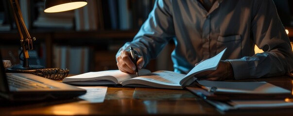 Man writing in a planner at a desk illuminated by a lamp.