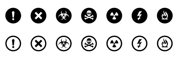 Danger warning signs, threat icons. Vector isolated icons with exclamation mark. Warning sign. Danger icon. Threat vector template on white background.