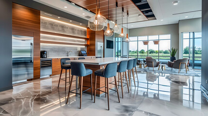 Modern executive office design featuring a high-top table, bar stools, and pendant lights for a casual meeting spot