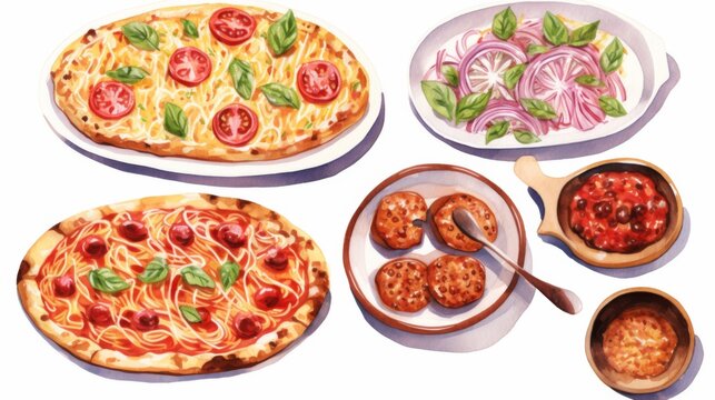 Collection of diverse pizza options depicted through watercolor, reflecting culinary variety