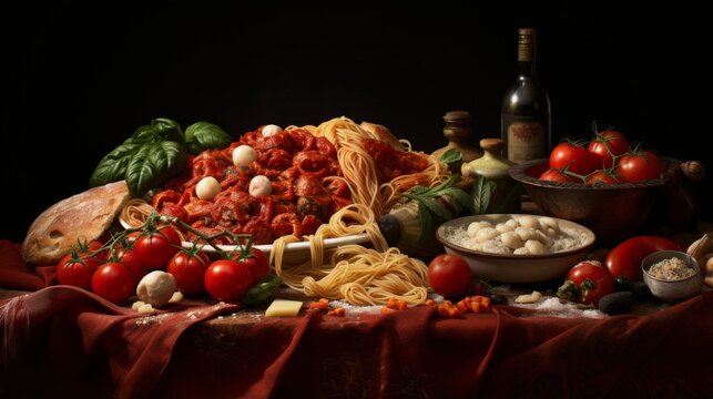 Dramatic image of an extensive spread of Italian food featuring pasta, cheese, and tomatoes