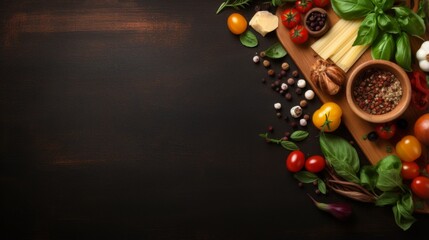 Fototapeta na wymiar Overhead shot of Italian cooking staples displayed around a central chopping board on dark wood