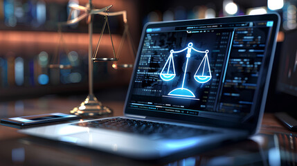 laptop computer with legal law scale information and regulations for company and corporate trade license registration and court governance compliance for online and modern business as wide banner 