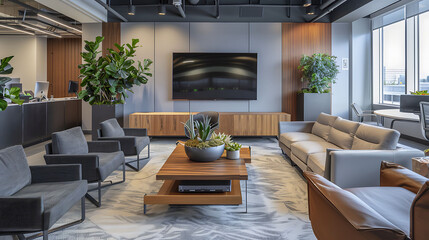 Modern executive office design featuring a media wall with a large screen TV, lounge seating, and adjustable coffee tables