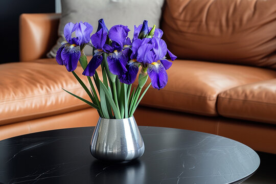 Deep purple irises in a silver vase on a sleek black table by a chestnut leather sofa.