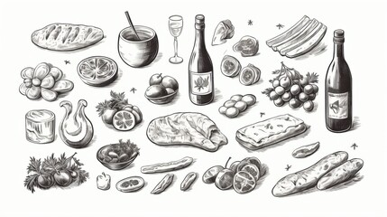 Artistic black and white ink drawing showcasing a variety of Italian food items and a bottle of wine