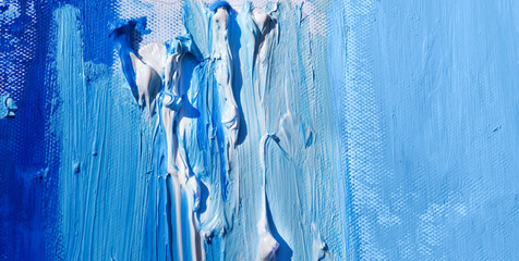 Blue and white oil paint strokes with texture. Abstract sea background hand drawn. Stock photo.