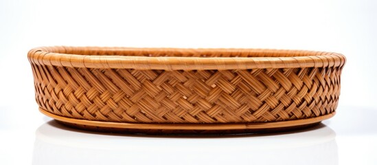 A brown rectangular wicker basket made of natural materials sits on a beige surface, with a metal bumper in an electric blue shade. It is a musical instrument accessory with a font design