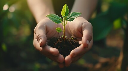 hands holding a handful with a plant seedling - obrazy, fototapety, plakaty