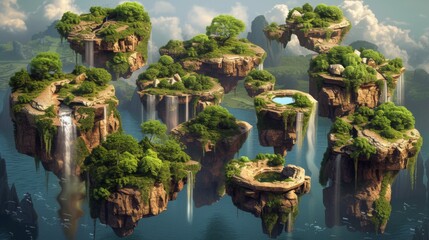 This artwork captures a fantasy setting where majestic floating islands with trees and waterfalls bask in soft, warm daylight - Powered by Adobe