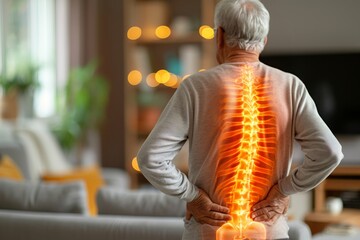 Elderly man experiencing back pain highlighted in red, sitting in living room with spine highlighted in red