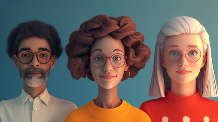 Highly detailed close-up of three diverse stylized 3D characters with different hairstyles and glasses