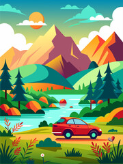 Tranquil vector landscape background with serene mountains, flowing rivers, and lush greenery.