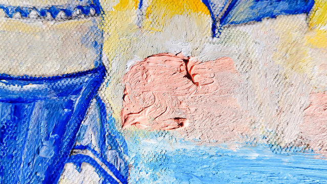 Chaotic parts of an oil paint drawing. Stock photo with blue, peach and yellow colors.