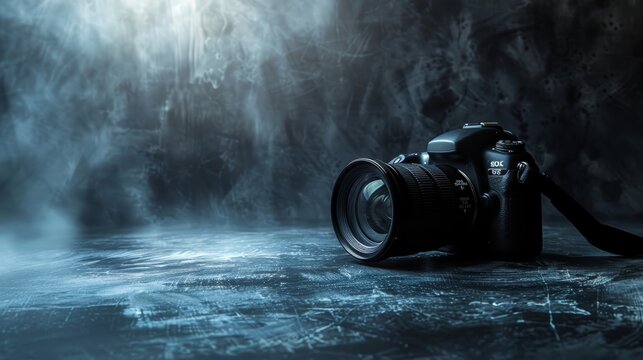 Professional DSLR camera on a textured surface with atmospheric blue smoke. Photography equipment in action concept