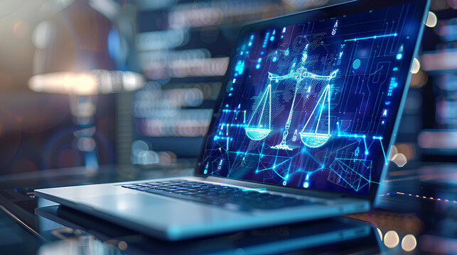 laptop computer with legal law scale information and regulations for company and corporate trade license registration and court governance compliance for online and modern business as wide banner 