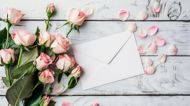pink and white flowers and empty envelope on white wooden background