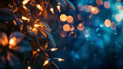 Illumination des fêtes : guirlande de Noël avec lumières bokeh sur fond bleu foncé - Capturer la magie des décorations festives - obrazy, fototapety, plakaty