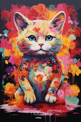 COLORFUL CAT. Painting, Flowers colors, colored stains, Wallpaper, Poster, Background. Blue eyes cat with artistic colors combination. Contemporary felines art. Splashes of color everywhere.