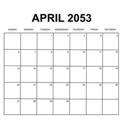 april 2053. monthly calendar design. week starts on sunday. printable, simple, and clean vector design isolated on white background.