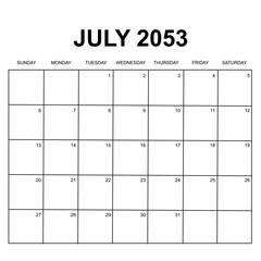 july 2053. monthly calendar design. week starts on sunday. printable, simple, and clean vector design isolated on white background. - obrazy, fototapety, plakaty