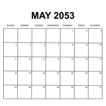 may 2053. monthly calendar design. week starts on sunday. printable, simple, and clean vector design isolated on white background.