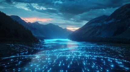 Digital landscape with glowing network grid on a mountain lake at dusk. Concept of data connectivity and digital transformation. - obrazy, fototapety, plakaty