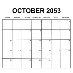 october 2053. monthly calendar design. week starts on sunday. printable, simple, and clean vector design isolated on white background. - obrazy, fototapety, plakaty