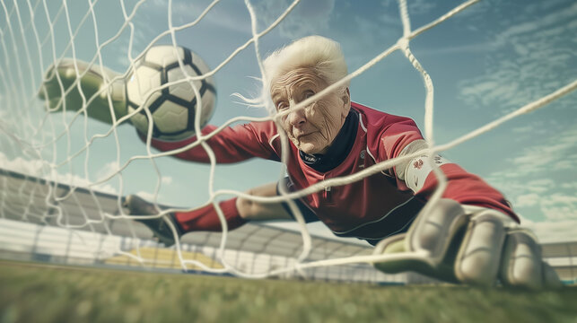 An elderly woman, embodying the role of a goalkeeper, showcases her agility by diving to thwart a goal, against the backdrop of a netted goal and stadium, captured through dynamic sports photography