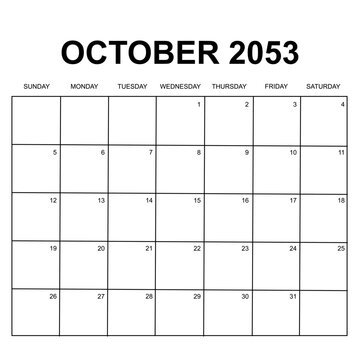 october 2053. monthly calendar design. week starts on sunday. printable, simple, and clean vector design isolated on white background.