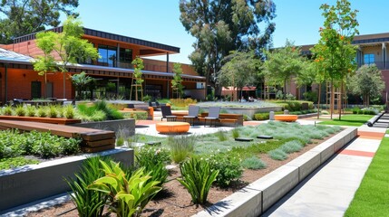 Contemporary outdoor seating area in a university courtyard. Landscape architecture with modern design elements.