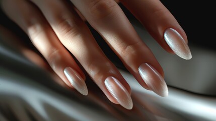 Elegant female hands with glittery beige nail polish