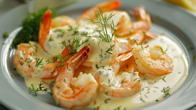 Tasty creamy prawn food menu ready to be served on white plate. AI generated image