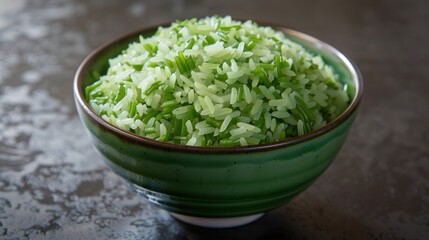 Close up green rice on the bowl. AI generated image