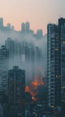 Fototapeta premium A bustling city skyline under the shadow of PM 2.5 smog tall buildings peeking through a greyish veil