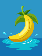A vibrant banana floating in a pool of sparkling water, casting a golden glow against a cerulean backdrop.