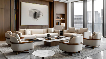 Modern executive office design incorporating a contemporary modular sofa, coffee table, and accent chairs for casual meetings