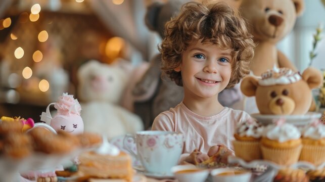 A boy hosting a tea party for his stuffed animals and action figures, serving tea and cakes with a smile