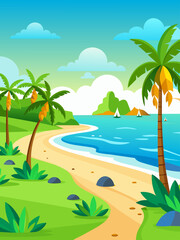 Beaches vector water landscape background depicts a tranquil coastal scene with gentle waves lapping against a sandy shore.