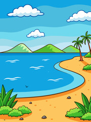 Fototapeta na wymiar Beach vector water landscape background depicts a serene ocean view with gentle waves crashing onto a sandy beach.