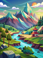 A vibrant vector landscape with rolling hills, lush greenery, and a serene blue sky.