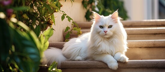 A white Felidae, a small to mediumsized carnivorous cat, is lounging on a set of stairs. Its whiskers and fur glisten as it gazes at the surrounding plants - Powered by Adobe