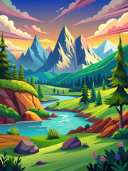 A beautiful vector landscape background with a serene mountain range, rolling hills, and a calm blue lake.