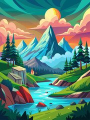 Scenic vector landscape with mountains, trees, and a river.