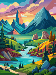 Tranquil vector landscape background of a serene lake surrounded by verdant mountains and a vibrant blue sky.